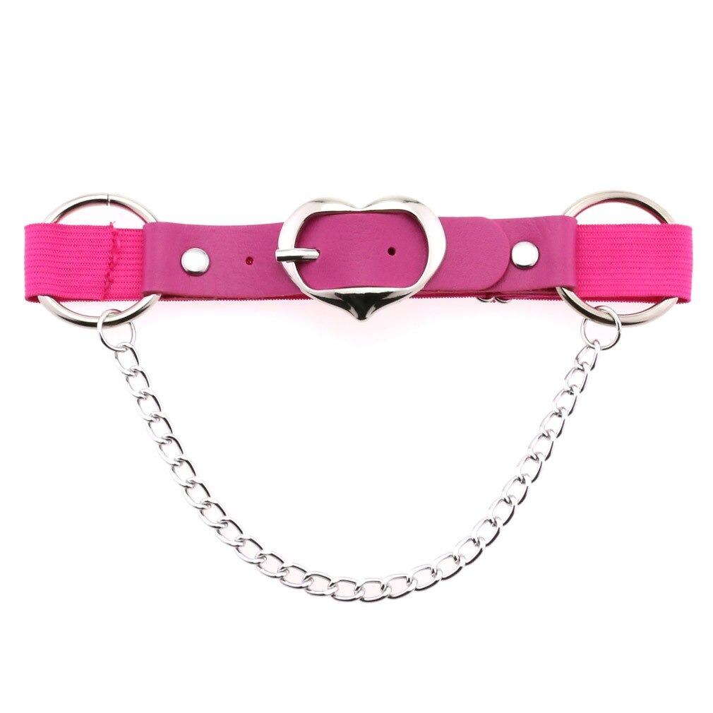 Punk heart leg strap belt in vibrant pink with silver chain, perfect gothic accessory for women.