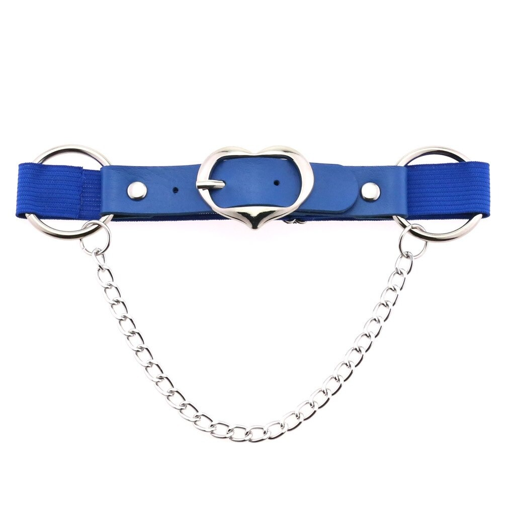 Punk heart leg strap belt in blue PU leather with silver chain and fittings, perfect gothic fashion accessory.