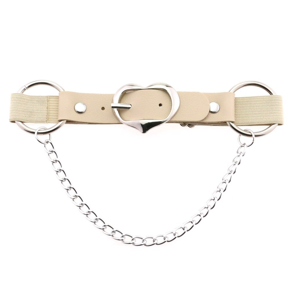 Punk heart leg strap belt featuring silver chain and PU leather design, perfect gothic accessory for women.