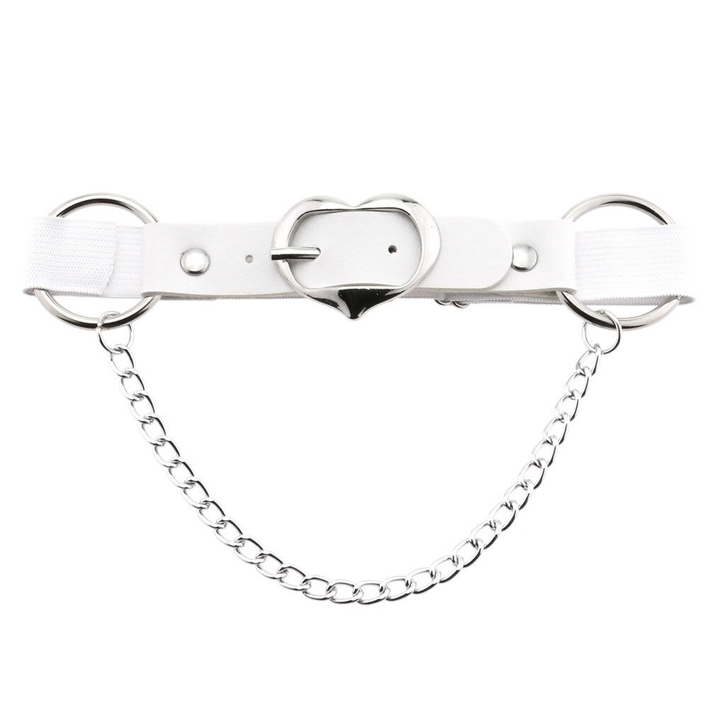 White punk heart leg strap belt with silver chain and fittings, gothic style women's thigh harness.