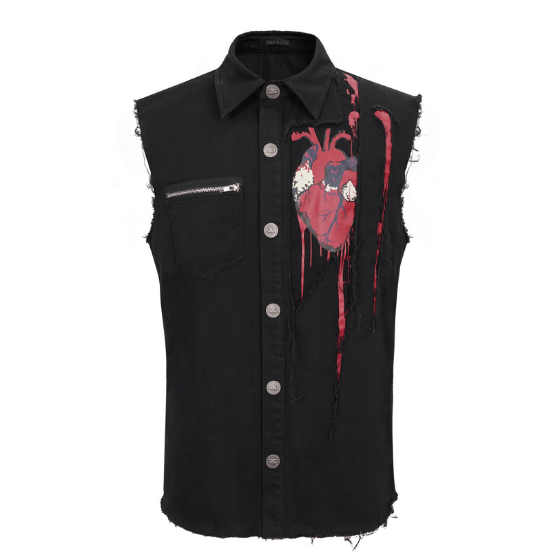 Men's sleeveless punk shirt with ripped design and heart print for a trendy look.