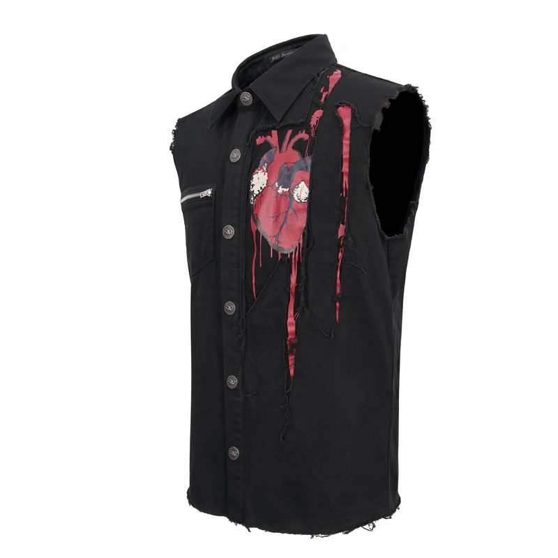 Men's punk style sleeveless black shirt with ripped detailing and red heart print, perfect for a trendy wardrobe.