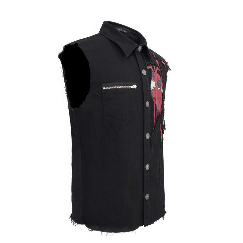 Men's punk style sleeveless black shirt with heart print and ripped detail, perfect for trendy casual outfits.
