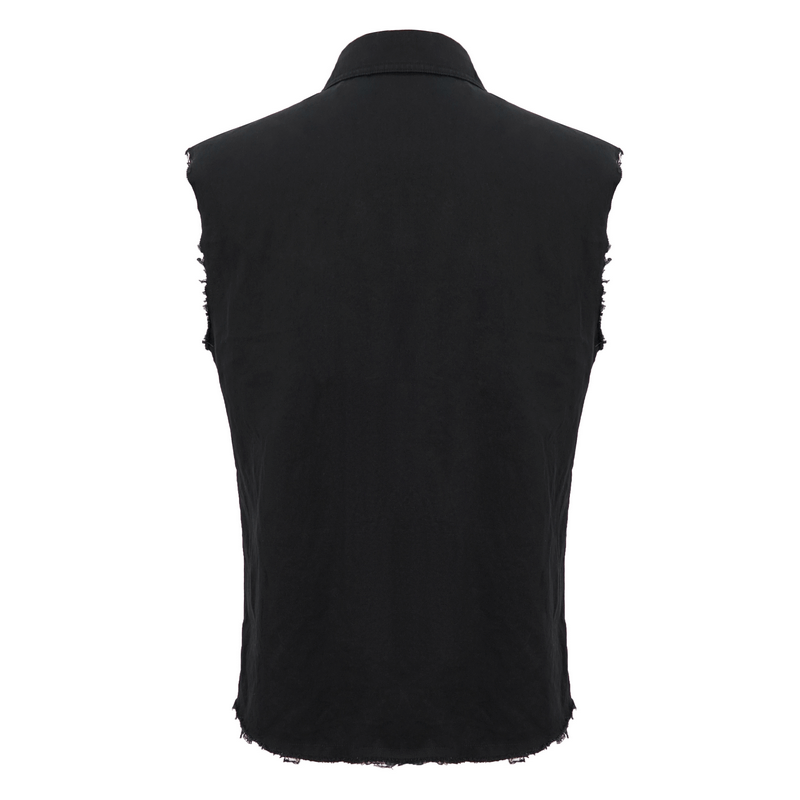 Back view of a trendy black sleeveless ripped shirt for men, perfect for punk fashion enthusiasts.