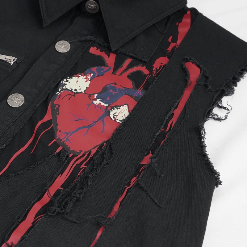 Stylish men's black sleeveless shirt with punk heart print and ripped details, perfect for a trendy wardrobe.