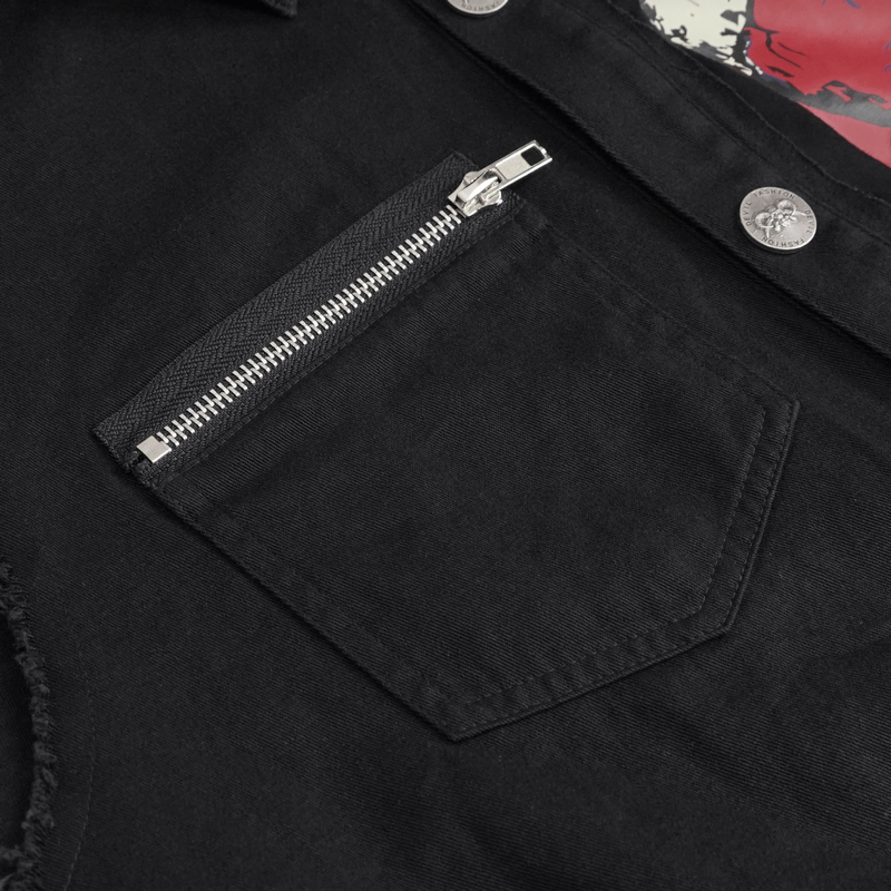 Detail of zipped pocket on black punk sleeveless shirt, showcasing trendy design and stylish accents.