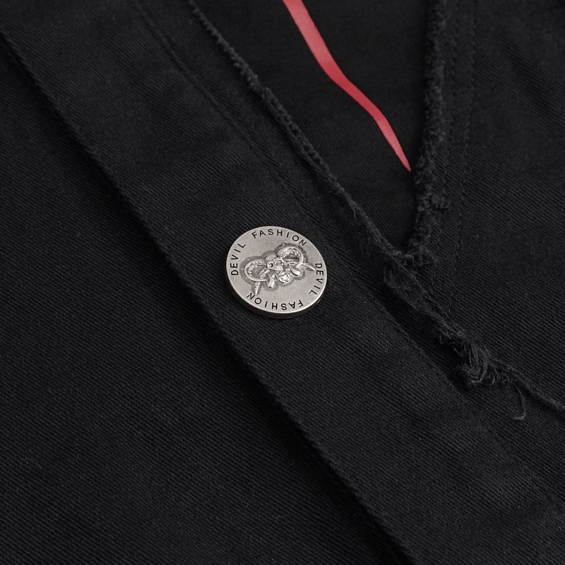 Close-up of black punk sleeveless shirt featuring stylish button detail and ripped fabric design.