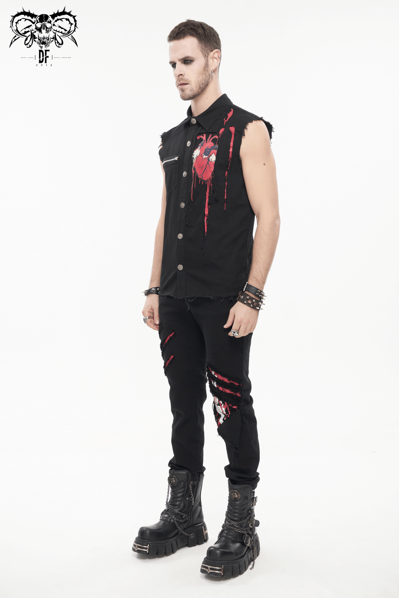 Punk heart-printed ripped sleeveless shirt for men, stylish black cotton button-up, perfect for trendy outfits.
