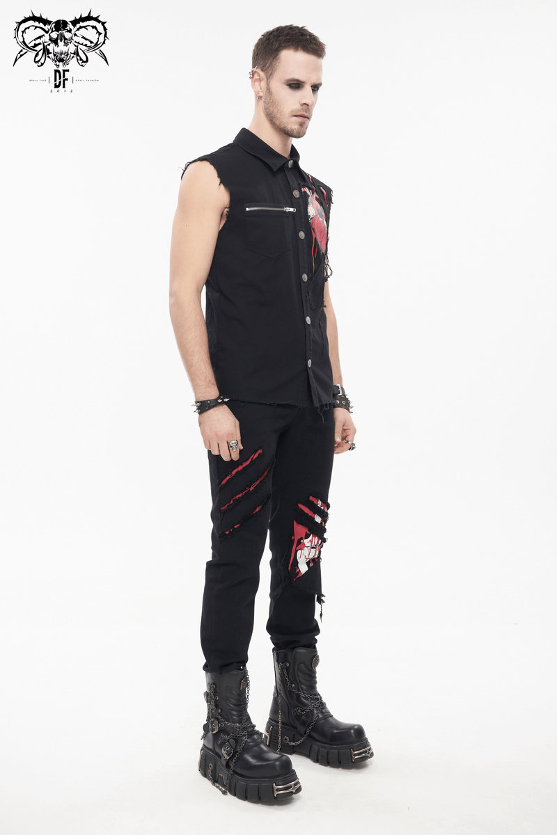 Stylish men's punk sleeveless shirt with heart print, paired with ripped black pants and chunky boots for a bold look.