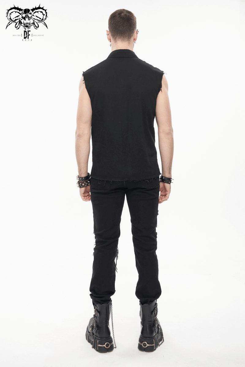 Back view of a man wearing a sleeveless black punk shirt and black pants, showcasing a trendy ripped style.