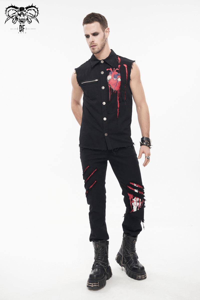 Stylish men's sleeveless punk shirt featuring heart print and ripped details, paired with black ripped pants.