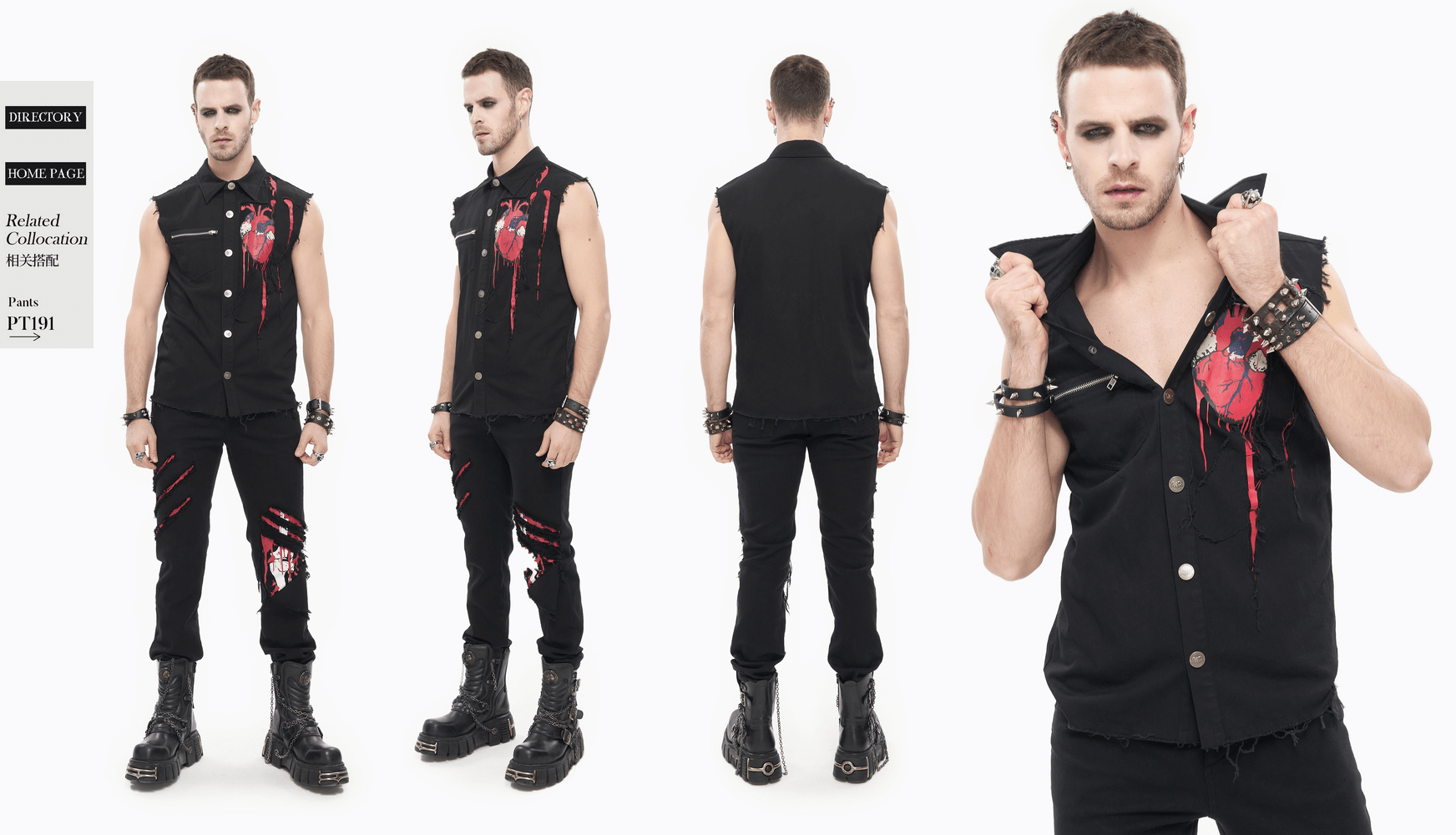 Men's punk style sleeveless black shirt with heart print and ripped details, perfect for a trendy look.