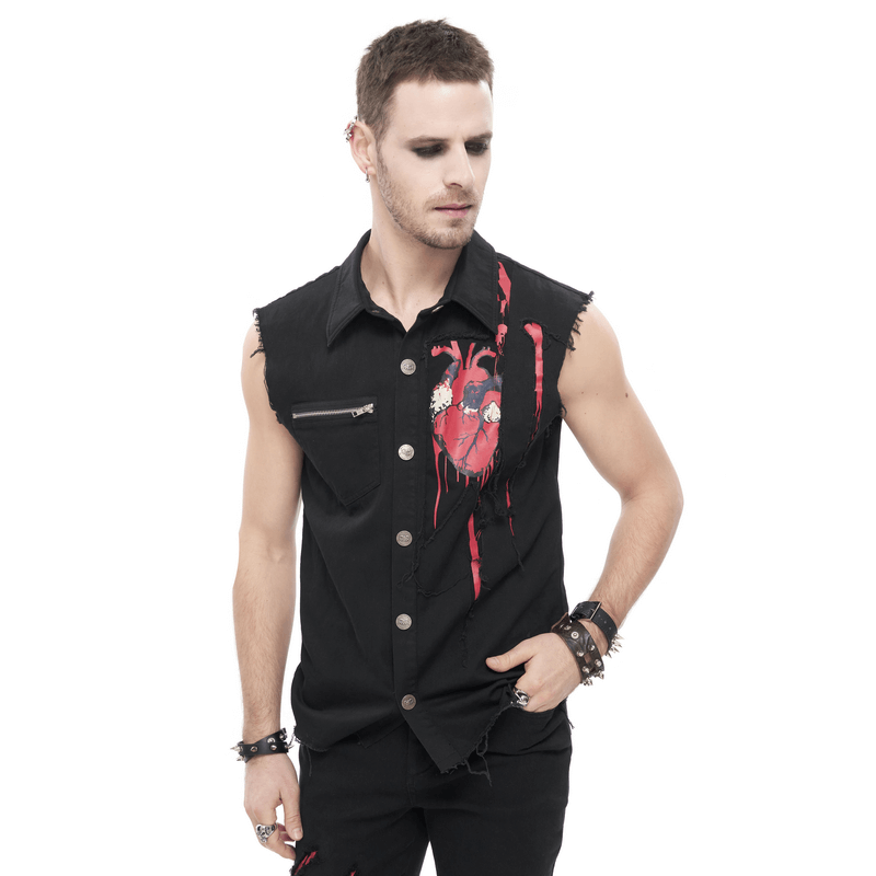 Punk Heart Printed Ripped Sleeveless Shirts / Male Cotton Buttons Black Shirt