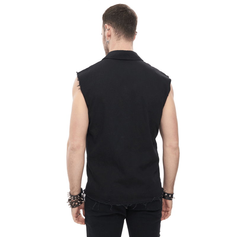 Punk Heart Printed Ripped Sleeveless Shirts / Male Cotton Buttons Black Shirt