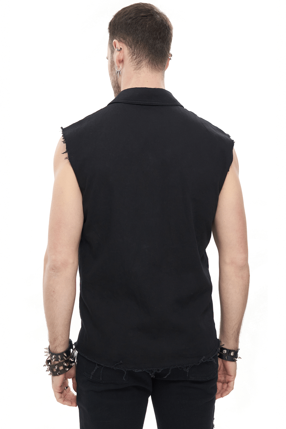 Back view of men's punk heart-printed sleeveless ripped black shirt, showcasing trendy style and ripped design.