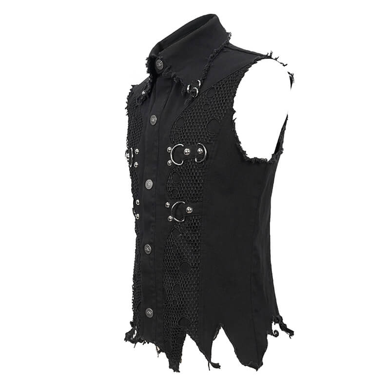 Punk heavy metal men's black waistcoat featuring loops, buckles, and a trendy distressed look.