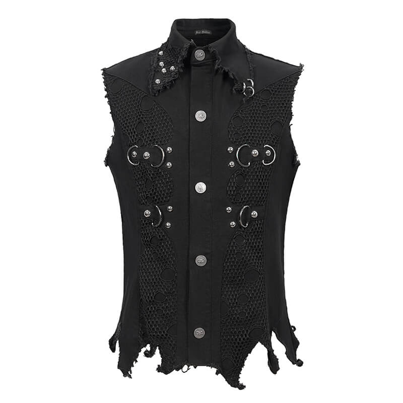 Punk heavy metal men's black waistcoat with loops, buckles, and decorative silver buttons.