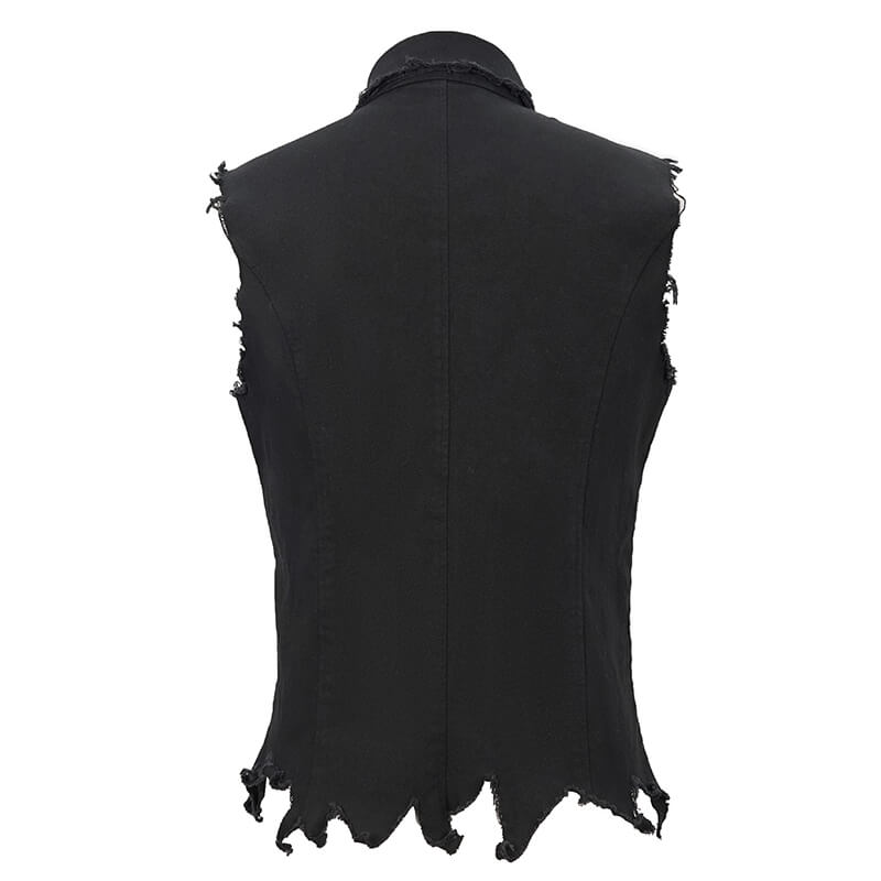 Back view of a punk heavy metal men's black waistcoat with distressed edges, perfect for alternative fashion.