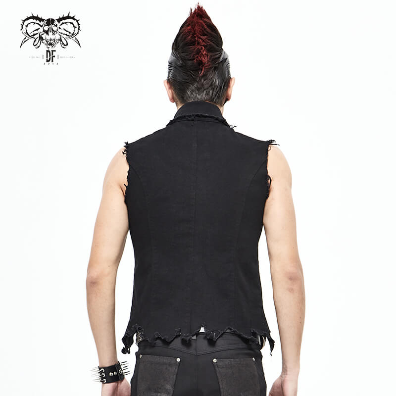 Back view of a punk black men's waistcoat featuring frayed edges and a stylish cut, perfect for alternative fashion.
