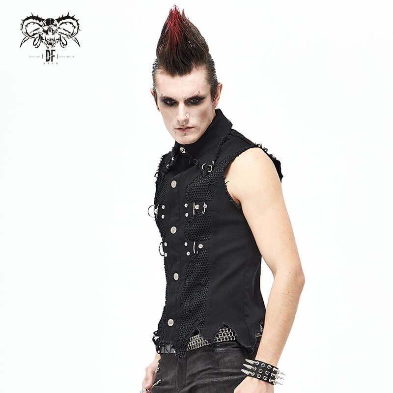 Men's punk heavy metal black waistcoat with loops and buckles, showcasing edgy style and trendy design.