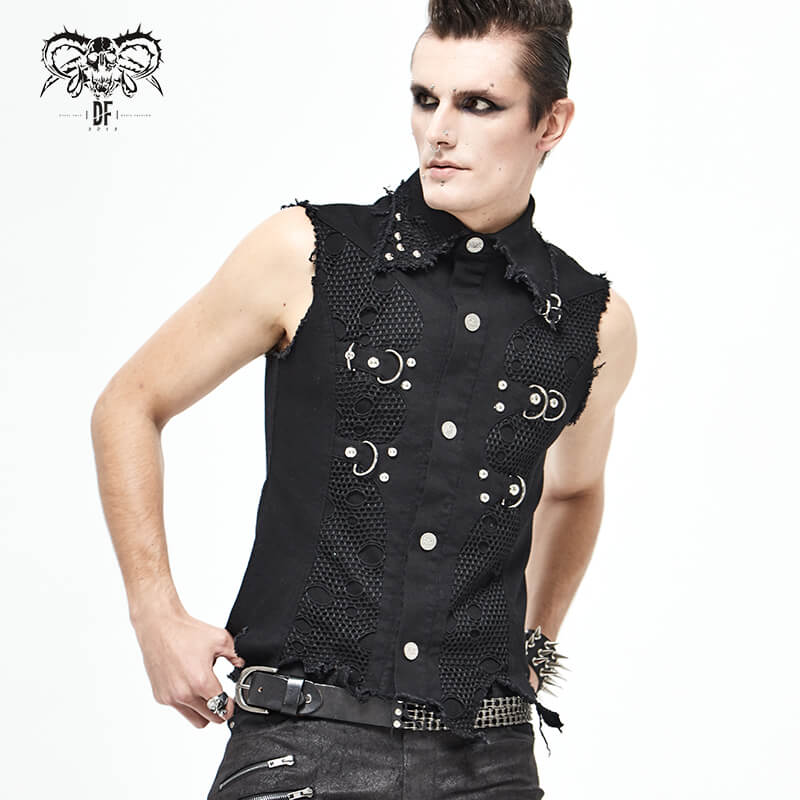 Stylish men's black punk vest with mesh details, loops, and silver buttons, perfect for alternative fashion enthusiasts.