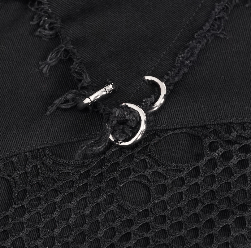 Close-up of punk men's waistcoat featuring silver loops and mesh detail on black fabric.