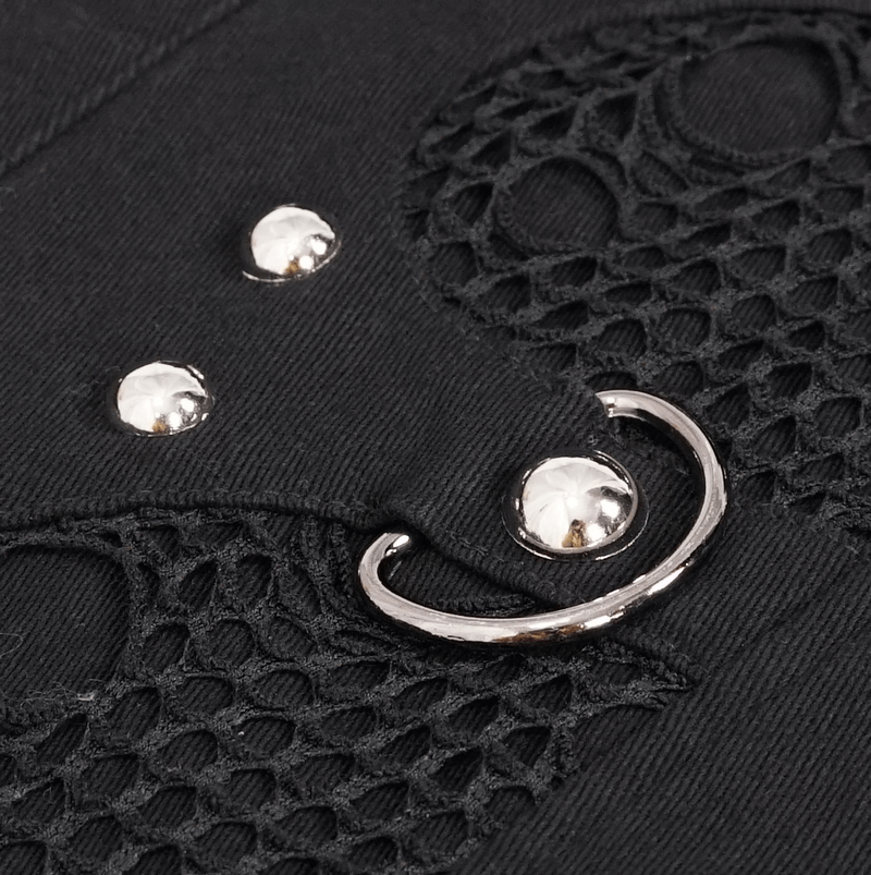 Close-up of punk black waistcoat with silver buttons and decorative loops, showcasing edgy style and quality fabric.