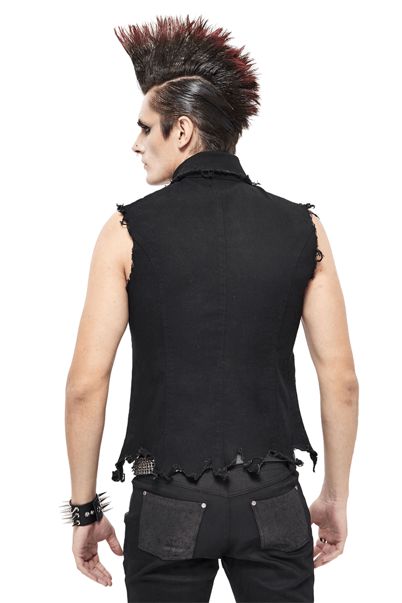 Stylish men's punk waistcoat with frayed edges and a trendy black design, showing off a bold punk hairstyle.