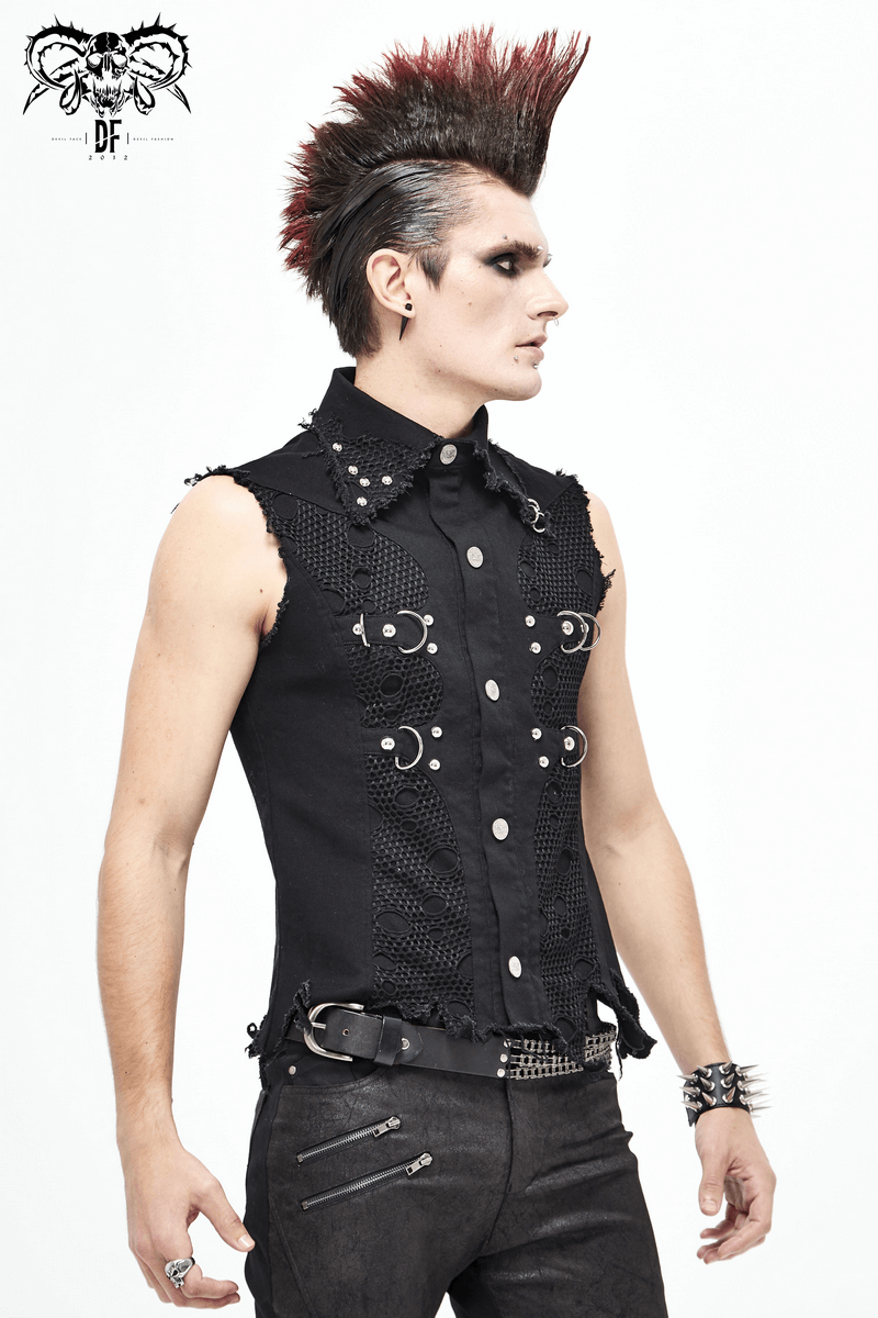 Men's black punk vest with loops and buckles, featuring silver buttons and a trendy design.