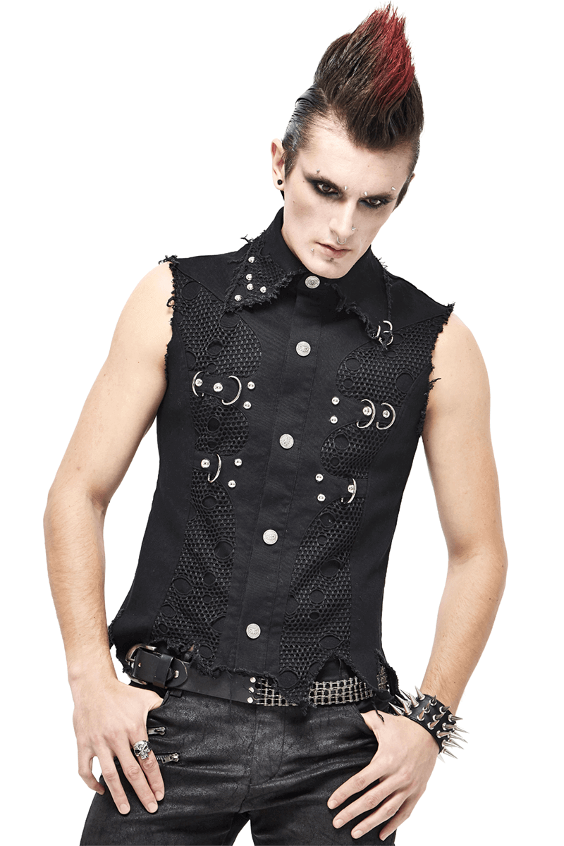 Punk men's black waistcoat with loops and buckles, featuring silver buttons and edgy details.