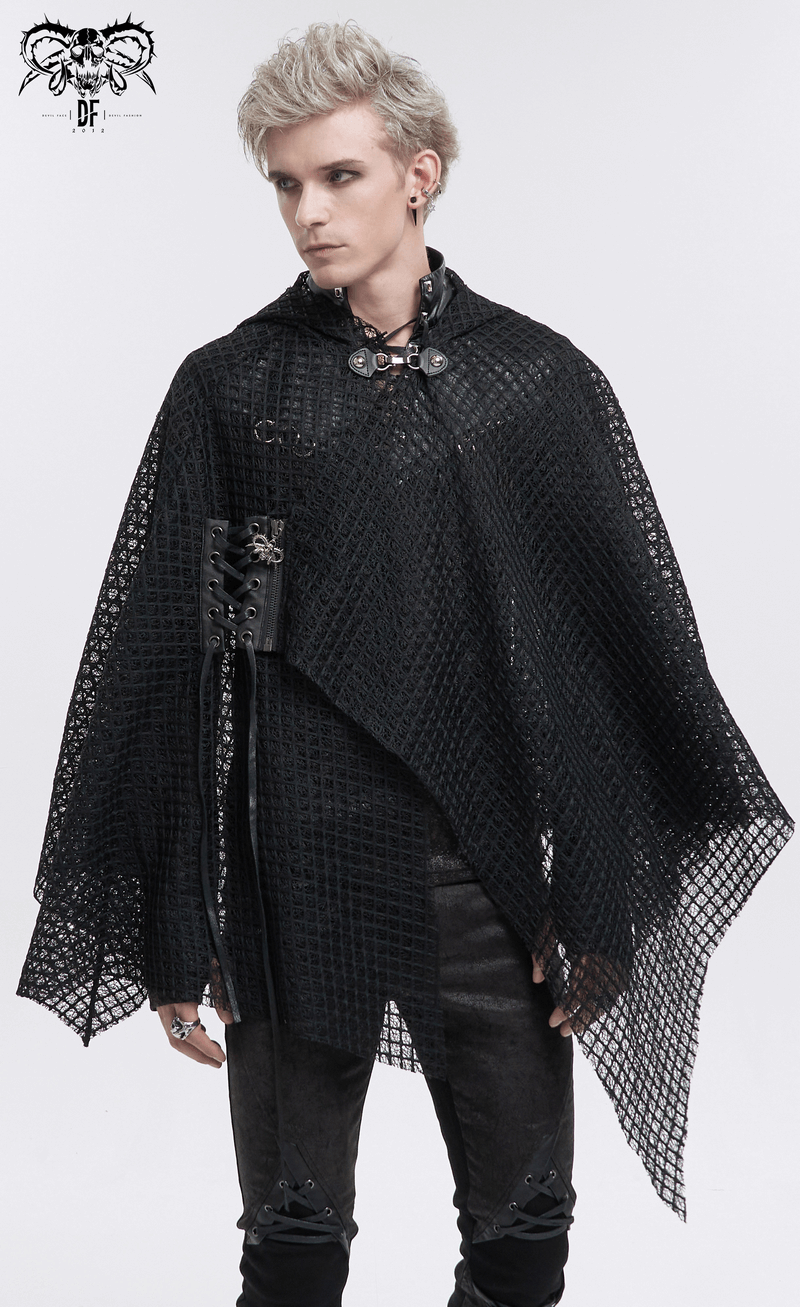 Punk irregular mesh cloak with hood in gothic black worn by a male model, showcasing edgy fashion style.