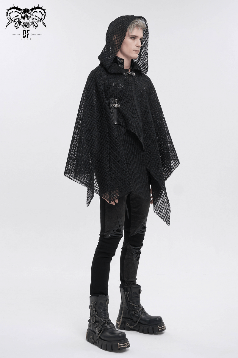 Punk irregular mesh cloak with hood in black, showcasing edgy gothic male fashion style.