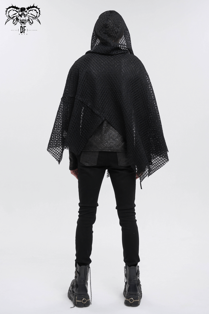 Back view of a man wearing a punk irregular mesh cloak with hood in gothic black, showcasing edgy male fashion.