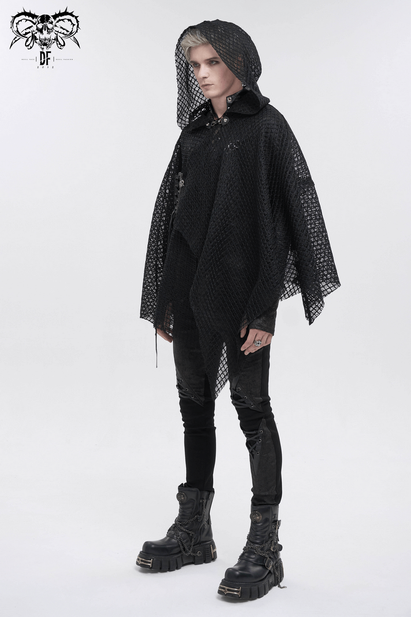 Punk irregular mesh cloak with hood, showcasing gothic black style for trendy male clothing.