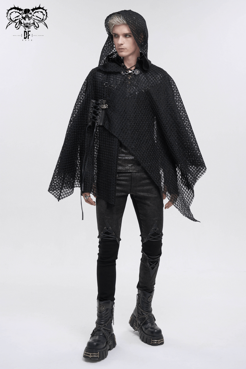Punk Irregular Mesh Cloak with Hood / Gothic Black Loose Male Clothing