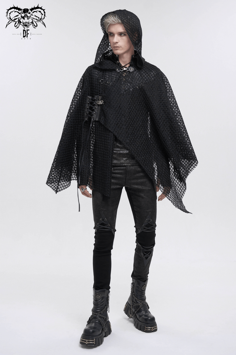 Punk irregular mesh cloak with hood in gothic black, showcasing edgy loose male fashion, perfect for unique personal style.