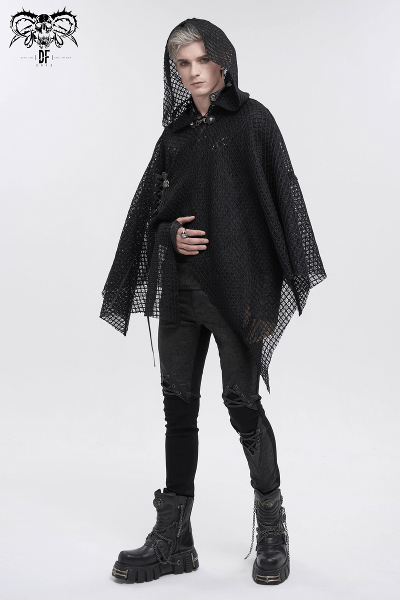 Punk Irregular Mesh Cloak with Hood / Gothic Black Loose Male Clothing