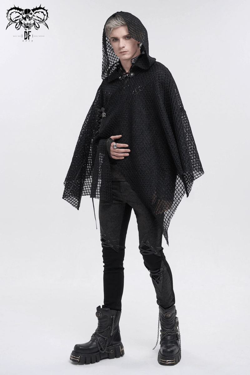 Punk irregular mesh cloak with hood in black, showcasing gothic loose male clothing style that exudes individuality.