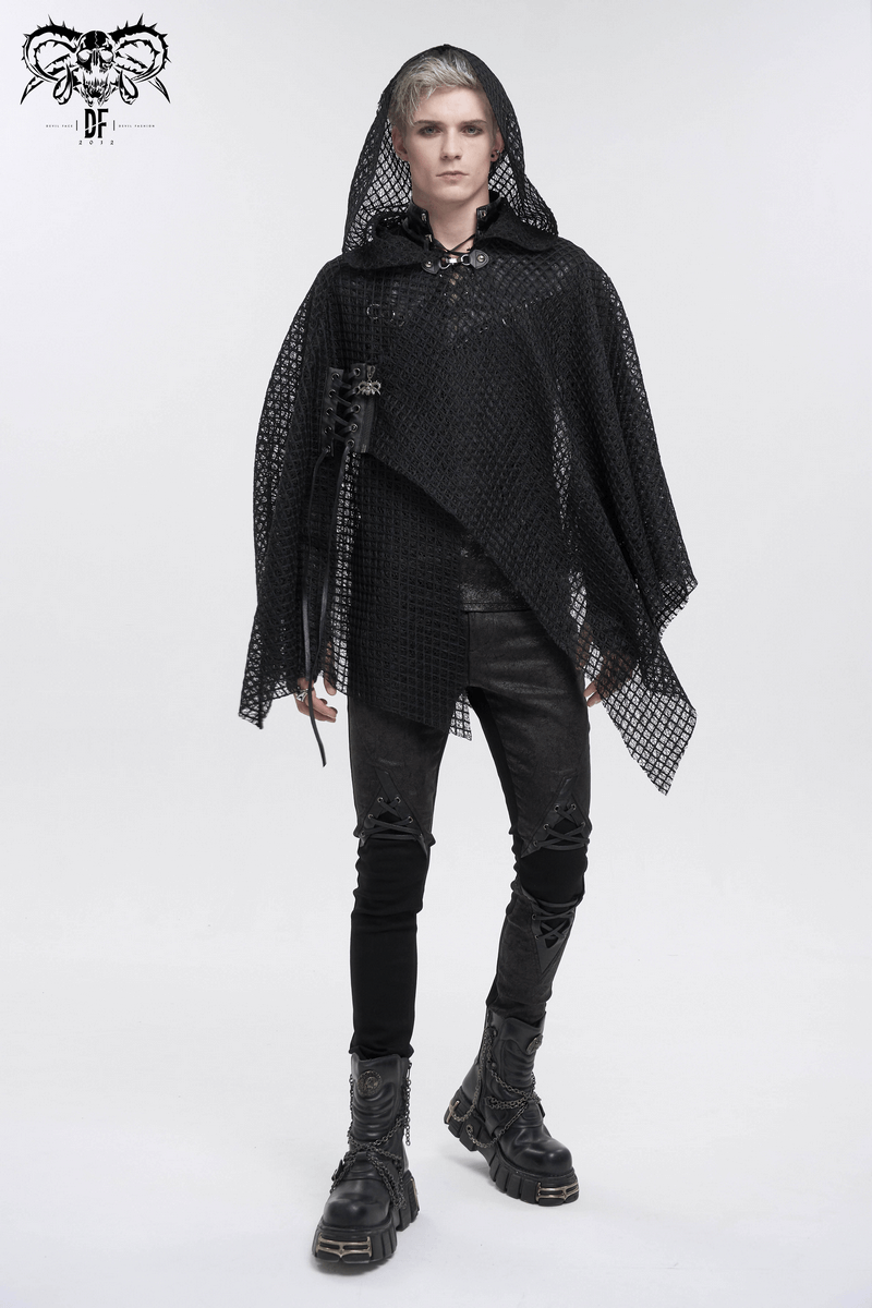 Punk irregular mesh cloak with hood in gothic black, showcasing edgy male fashion for a unique street style.