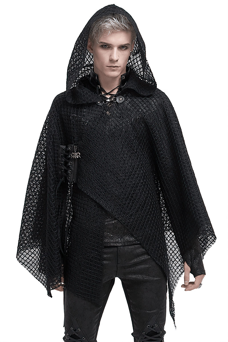 Punk irregular mesh cloak with hood in black, showcasing a loose gothic style for bold male fashion.