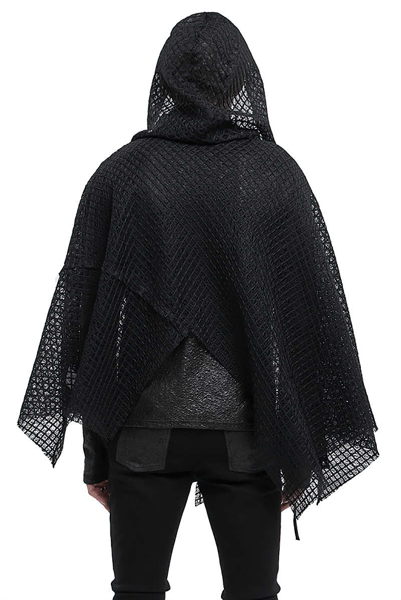 Back view of a punk irregular mesh cloak with hood in gothic black, showcasing a loose fit for edgy male style.