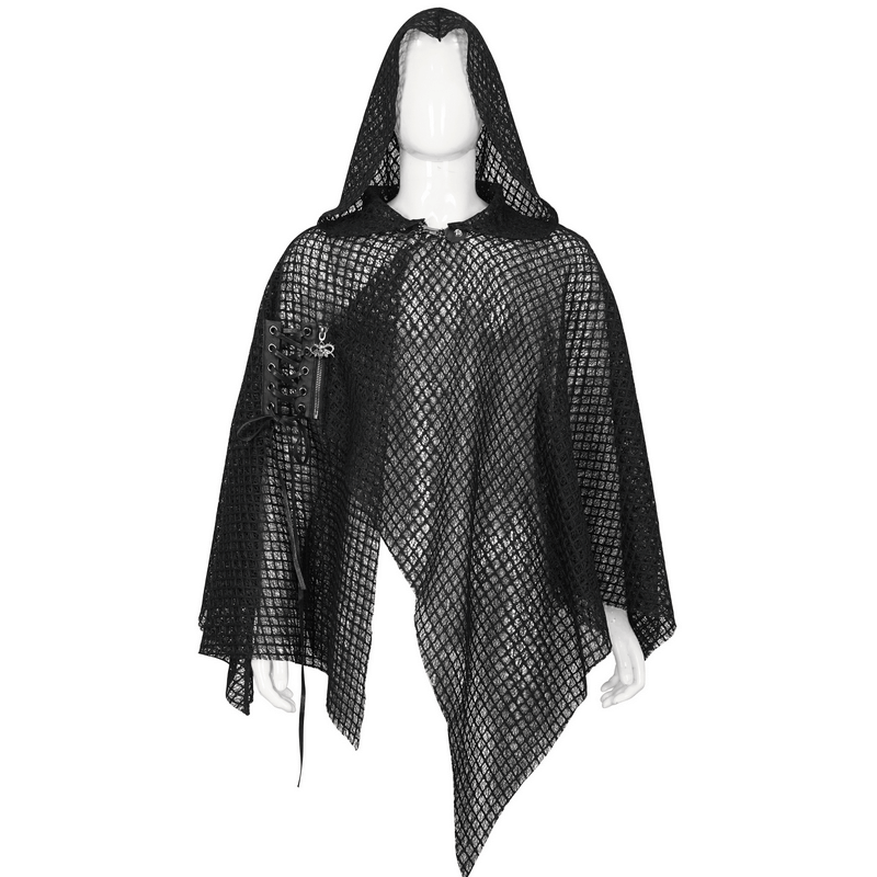 Punk irregular mesh cloak with hood in gothic black for edgy male fashion, perfect for showcasing individuality.