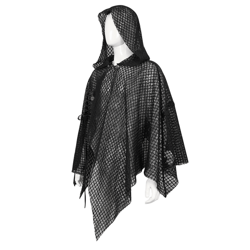Punk irregular mesh cloak with hood in gothic black, showcasing a loose fit for edgy male fashion.