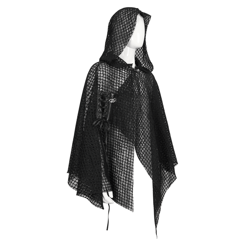 Punk irregular mesh cloak with hood in gothic black, showcasing loose style male clothing for edgy fashion.