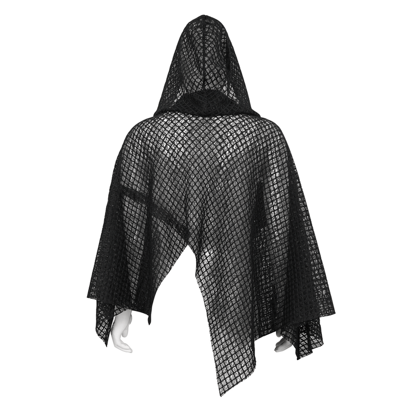 Punk irregular mesh cloak with hood, gothic black loose male clothing, showcasing edgy style and individuality.