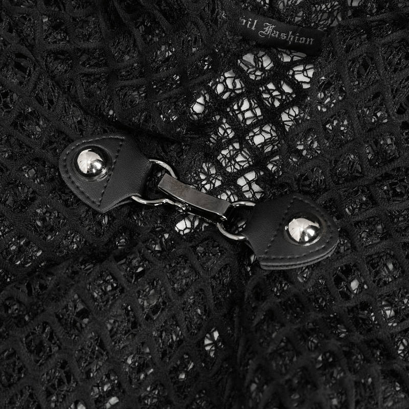 Close-up of punk irregular mesh cloak fastening with metal clasp, showcasing gothic black design and edgy style.