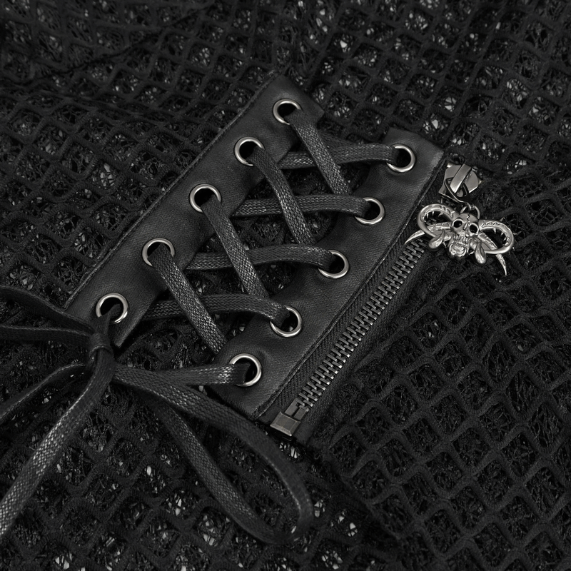 Close-up of punk irregular mesh cloak fastening with laces and zipper, showcasing gothic black style.