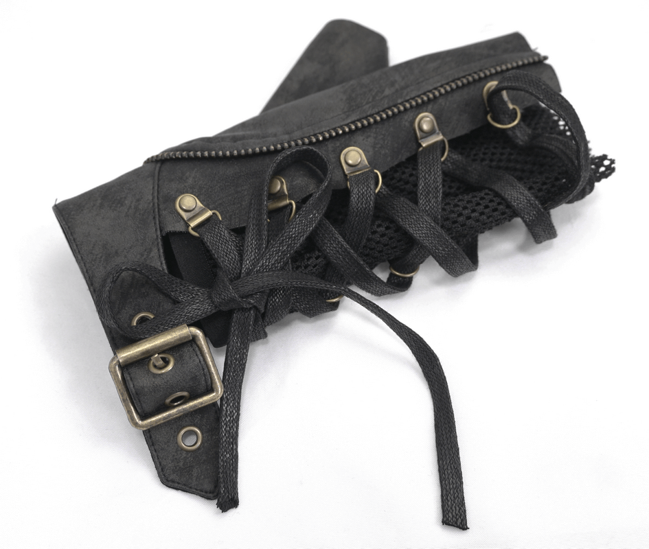 Punk Lace-up Mesh Faux Leather Half Gloves / Men's Gloves with Buckle and Decorative Zip - HARD'N'HEAVY