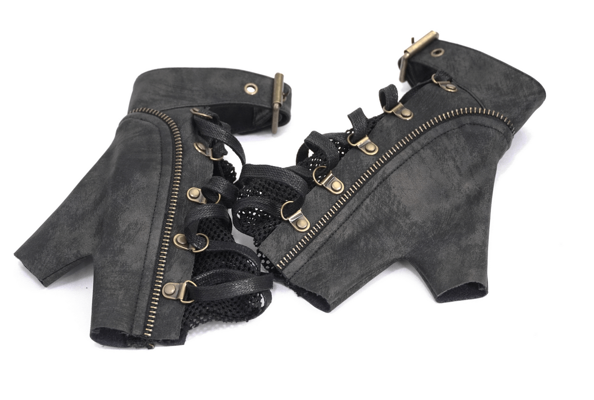 Punk Lace-up Mesh Faux Leather Half Gloves / Men's Gloves with Buckle and Decorative Zip - HARD'N'HEAVY
