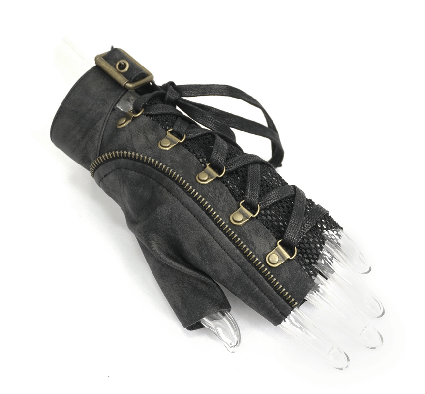 Black punk gloves featuring mesh, rivets, and decorative zip, perfect trendy accessory for men.